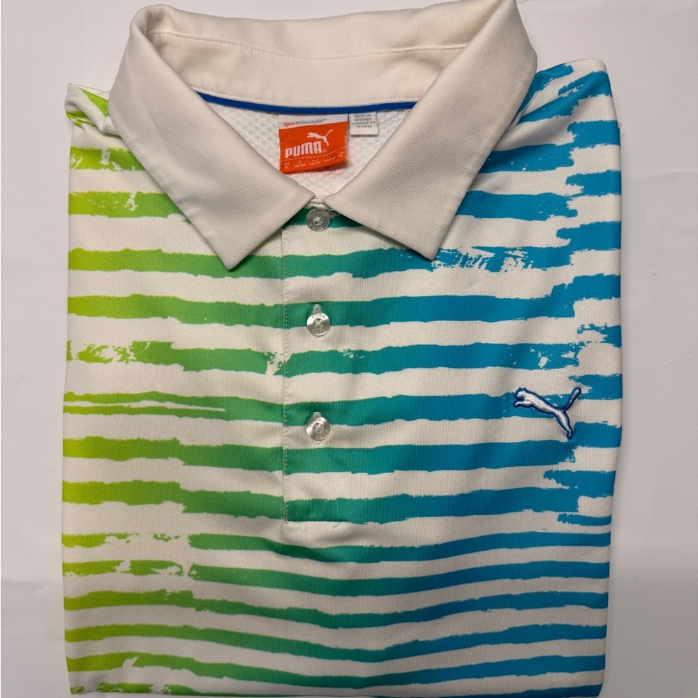 Vintage Puma Lime Green & Teal Striped Polo Shirt